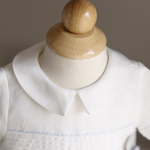 Ivory LINEN Romper Boys Boutique Pin Tuck Hand-Embroidery Portrait NWT - Picture 3 of 6